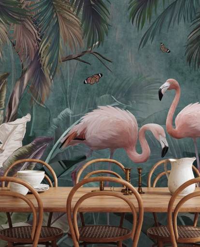 sininen flamingo-taustakuvamaalaus nimeltä Flamingo Couple in the Jungle Blue Wallsaucessa makuuhuoneisiin ja olohuoneisiin