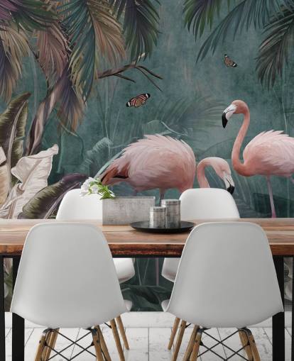 blå flamingo tapetväggmålning som heter Flamingo Couple in the Jungle Blue på Wallsauce för sovrum och vardagsrum