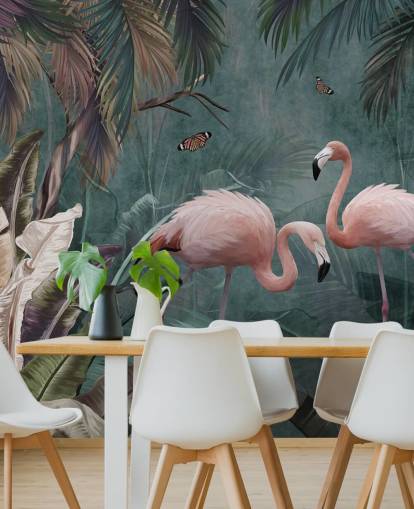 Blaues Flamingo-Tapetenwandbild mit dem Titel Flamingo Couple in the Jungle Blue at Wallsauce für Schlafzimmer und Wohnzimmer