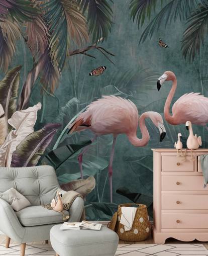 blå flamingo tapetväggmålning som heter Flamingo Couple in the Jungle Blue på Wallsauce för sovrum och vardagsrum