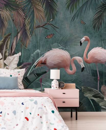 Blaues Flamingo-Tapetenwandbild mit dem Titel Flamingo Couple in the Jungle Blue at Wallsauce für Schlafzimmer und Wohnzimmer Blaues Flamingo-Tapetenwandbild mit dem Titel Flamingo Couple in the Jungle Blue at Wallsauce für Schlafzimmer und Wohnzimmer