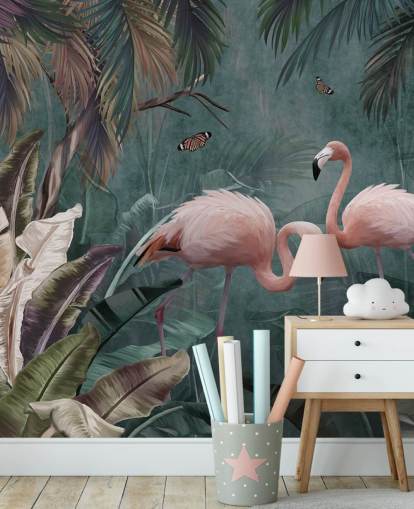 Blaues Flamingo-Tapetenwandbild mit dem Titel Flamingo Couple in the Jungle Blue at Wallsauce für Schlafzimmer und Wohnzimmer
