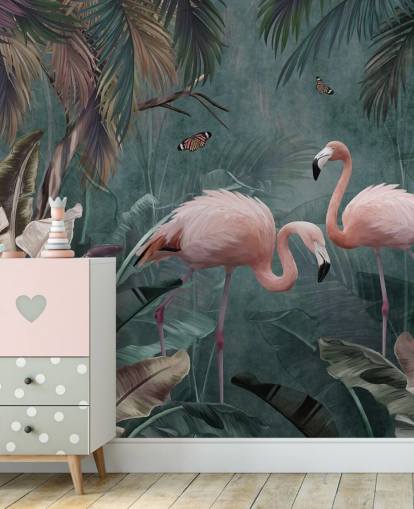 blue flamingo wallpaper mural called Flamingo Couple in the Jungle Blue at Wallsauce for bedrooms and living rooms