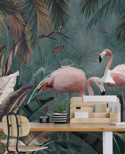 Blaues Flamingo-Tapetenwandbild mit dem Titel Flamingo Couple in the Jungle Blue at Wallsauce für Schlafzimmer und Wohnzimmer Blaues Flamingo-Tapetenwandbild mit dem Titel Flamingo Couple in the Jungle Blue at Wallsauce für Schlafzimmer und Wohnzimmer