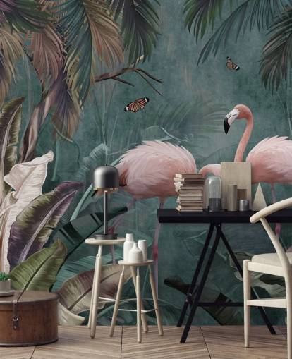 blauwe flamingo behangmuurschildering genaamd Flamingo Couple in the Jungle Blue at Wallsauce voor slaapkamers en woonkamers blauwe flamingo behangmuurschildering genaamd Flamingo Couple in the Jungle Blue at Wallsauce voor slaapkamers en woonkamers