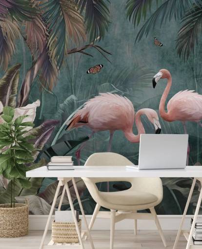 blue flamingo wallpaper mural called Flamingo Couple in the Jungle Blue at Wallsauce for bedrooms and living rooms