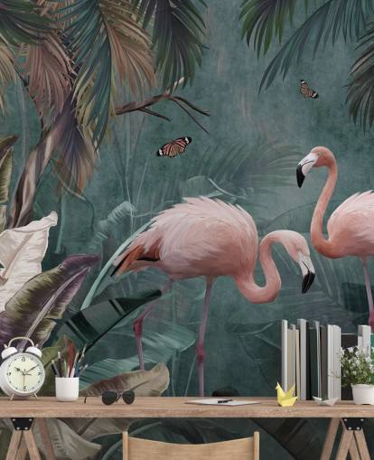 mural de papel pintado de flamencos azules llamado Flamingo Couple in the Jungle Blue at Wallsauce para dormitorios y salas de estar