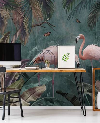 blauwe flamingo behangmuurschildering genaamd Flamingo Couple in the Jungle Blue at Wallsauce voor slaapkamers en woonkamers blauwe flamingo behangmuurschildering genaamd Flamingo Couple in the Jungle Blue at Wallsauce voor slaapkamers en woonkamers