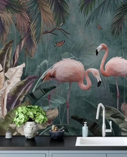 blue flamingo wallpaper mural called Flamingo Couple in the Jungle Blue at Wallsauce for bedrooms and living rooms