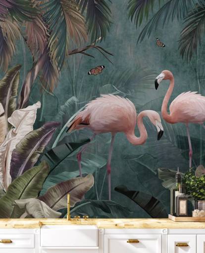 carta da parati murale con fenicotteri blu chiamata Flamingo Couple in the Jungle Blue at Wallsauce per camere da letto e salotti