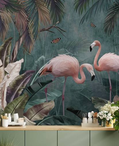 sininen flamingo-taustakuvamaalaus nimeltä Flamingo Couple in the Jungle Blue Wallsaucessa makuuhuoneisiin ja olohuoneisiin