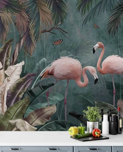 carta da parati murale con fenicotteri blu chiamata Flamingo Couple in the Jungle Blue at Wallsauce per camere da letto e salotti carta da parati murale con fenicotteri blu chiamata Flamingo Couple in the Jungle Blue at Wallsauce per camere da letto e salotti