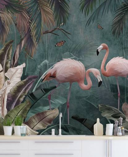carta da parati murale con fenicotteri blu chiamata Flamingo Couple in the Jungle Blue at Wallsauce per camere da letto e salotti