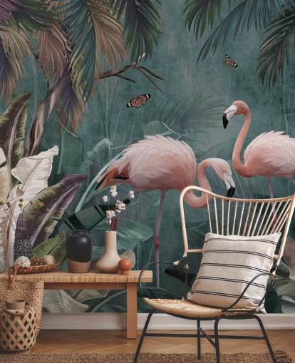 papier peint mural en forme de flamant rose appelé Flamingo Couple in the Jungle Blue at Wallsauce pour les chambres et les salons