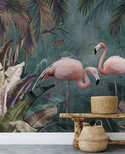 blå flamingo tapetväggmålning som heter Flamingo Couple in the Jungle Blue på Wallsauce för sovrum och vardagsrum
