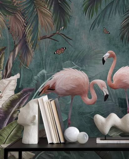 papier peint mural en forme de flamant rose appelé Flamingo Couple in the Jungle Blue at Wallsauce pour les chambres et les salons papier peint mural en forme de flamant rose appelé Flamingo Couple in the Jungle Blue at Wallsauce pour les chambres et les salons
