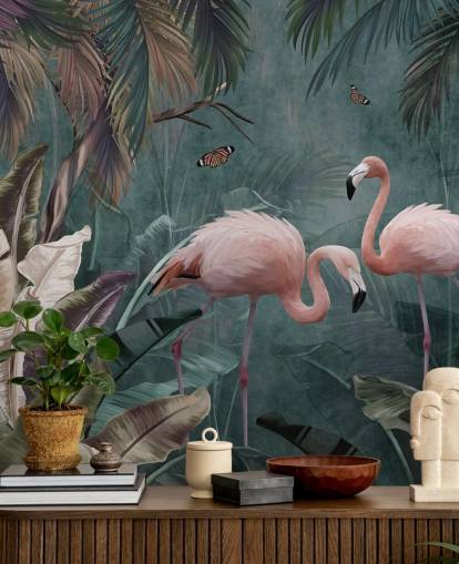 blue flamingo wallpaper mural called Flamingo Couple in the Jungle Blue at Wallsauce for bedrooms and living rooms