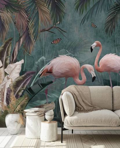 blå flamingo tapetväggmålning som heter Flamingo Couple in the Jungle Blue på Wallsauce för sovrum och vardagsrum