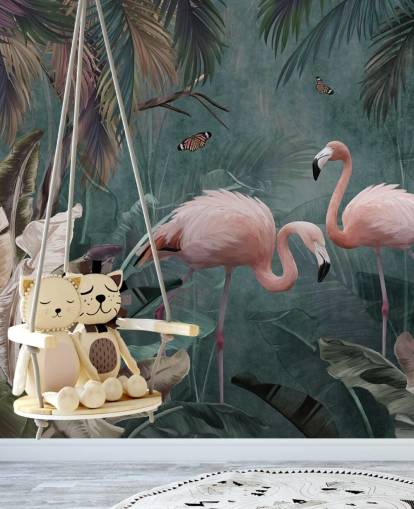 blue flamingo wallpaper mural called Flamingo Couple in the Jungle Blue at Wallsauce for bedrooms and living rooms