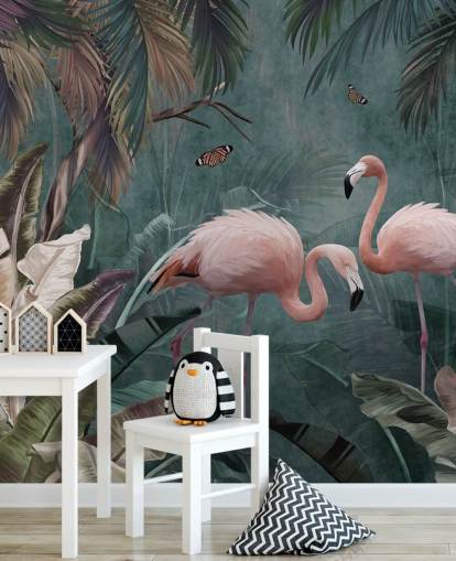 blue flamingo wallpaper mural called Flamingo Couple in the Jungle Blue at Wallsauce for bedrooms and living rooms