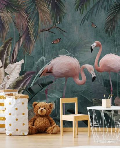 blå flamingo tapetmaleri kalt Flamingo Couple in the Jungle Blue på Wallsauce for soverom og stuer blå flamingo tapetmaleri kalt Flamingo Couple in the Jungle Blue på Wallsauce for soverom og stuer