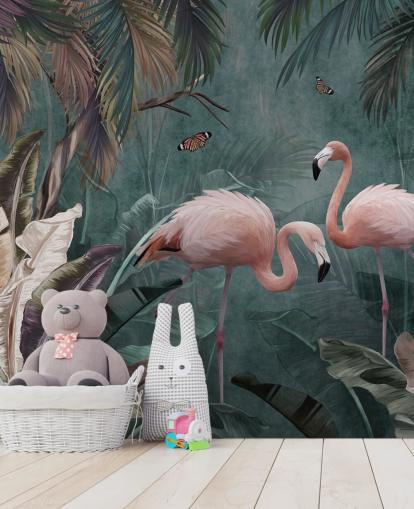 blå flamingo tapetväggmålning som heter Flamingo Couple in the Jungle Blue på Wallsauce för sovrum och vardagsrum