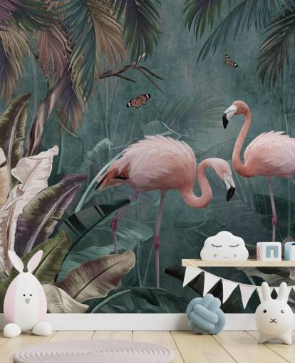blå flamingo tapetmaleri kaldet Flamingo Couple in the Jungle Blue på Wallsauce til soveværelser og stuer