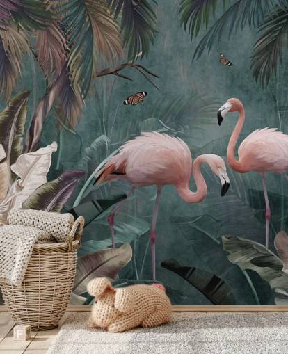 Blaues Flamingo-Tapetenwandbild mit dem Titel Flamingo Couple in the Jungle Blue at Wallsauce für Schlafzimmer und Wohnzimmer