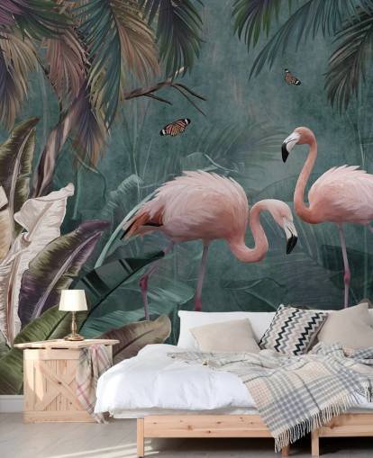 blauwe flamingo behangmuurschildering genaamd Flamingo Couple in the Jungle Blue at Wallsauce voor slaapkamers en woonkamers blauwe flamingo behangmuurschildering genaamd Flamingo Couple in the Jungle Blue at Wallsauce voor slaapkamers en woonkamers