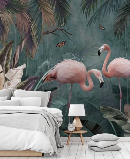 Blaues Flamingo-Tapetenwandbild mit dem Titel Flamingo Couple in the Jungle Blue at Wallsauce für Schlafzimmer und Wohnzimmer Blaues Flamingo-Tapetenwandbild mit dem Titel Flamingo Couple in the Jungle Blue at Wallsauce für Schlafzimmer und Wohnzimmer
