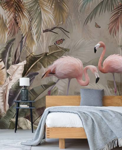 flamingo wallpaper mural called Flamingo Couple in the Jungle at Wallsauce for bedrooms and dining rooms