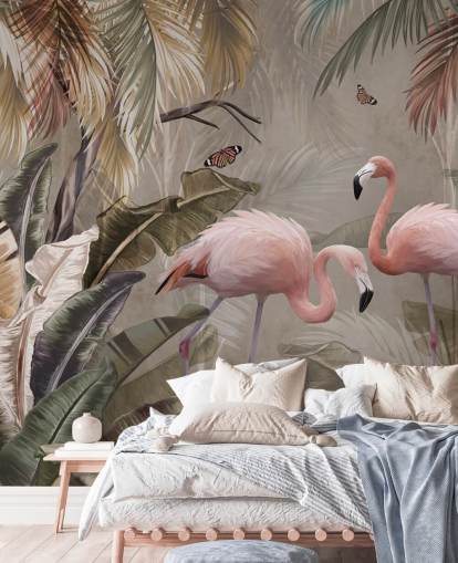 flamingo muurschildering genaamd Flamingo Couple in the Jungle at Wallsauce voor slaapkamers en eetkamers flamingo muurschildering genaamd Flamingo Couple in the Jungle at Wallsauce voor slaapkamers en eetkamers