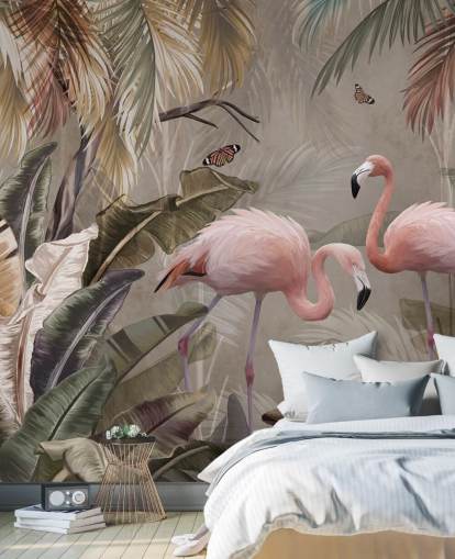 flamingo wallpaper mural called Flamingo Couple in the Jungle at Wallsauce for bedrooms and dining rooms
