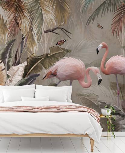 Flamingo-Tapete mit dem Titel Flamingo-Paar im Dschungel in Wallsauce für Schlafzimmer und Esszimmer Flamingo-Tapete mit dem Titel Flamingo-Paar im Dschungel in Wallsauce für Schlafzimmer und Esszimmer