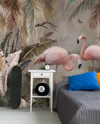 flamingo muurschildering genaamd Flamingo Couple in the Jungle at Wallsauce voor slaapkamers en eetkamers