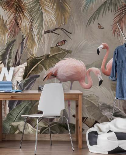 flamingo tapetväggmålning som heter Flamingo Couple in the Jungle på Wallsauce för sovrum och matsalar flamingo tapetväggmålning som heter Flamingo Couple in the Jungle på Wallsauce för sovrum och matsalar