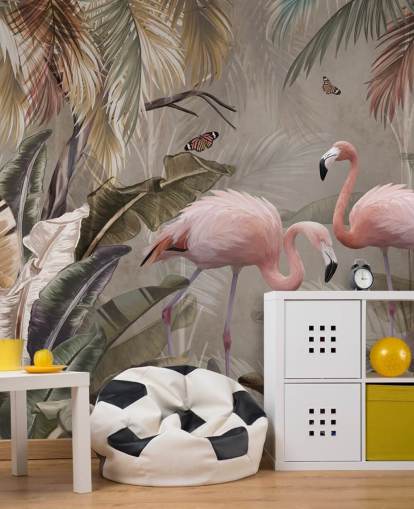 flamingo tapetmaleri kalt Flamingo Couple in the Jungle at Wallsauce for soverom og spiserom flamingo tapetmaleri kalt Flamingo Couple in the Jungle at Wallsauce for soverom og spiserom