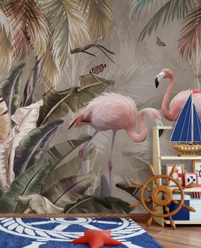 flamingo tapetmaleri kaldet Flamingo Couple in the Jungle at Wallsauce til soveværelser og spisestuer