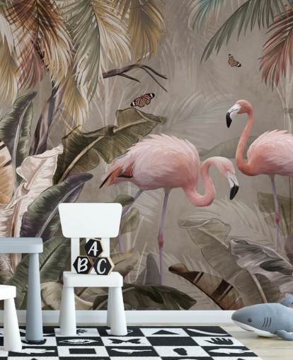 mural de papel pintado de flamencos llamado Flamingo Couple in the Jungle at Wallsauce para dormitorios y comedores