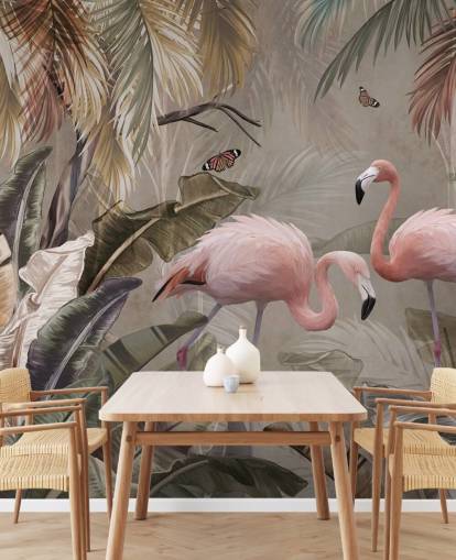carta da parati murale con fenicotteri chiamata Flamingo Couple in the Jungle at Wallsauce per camere da letto e sale da pranzo