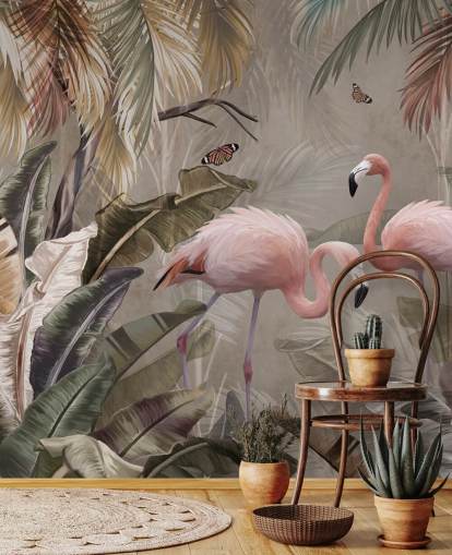 flamingo muurschildering genaamd Flamingo Couple in the Jungle at Wallsauce voor slaapkamers en eetkamers