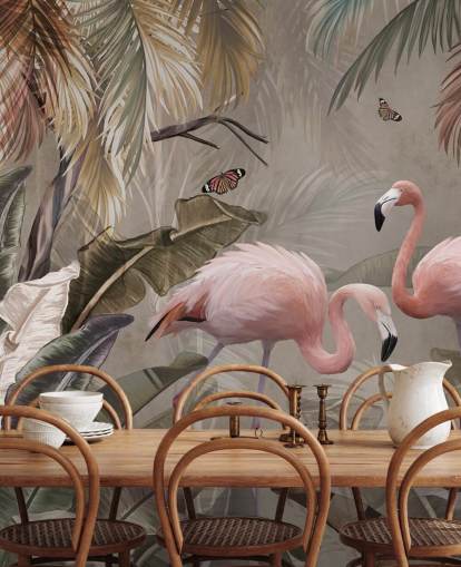 flamingo tapetväggmålning som heter Flamingo Couple in the Jungle på Wallsauce för sovrum och matsalar flamingo tapetväggmålning som heter Flamingo Couple in the Jungle på Wallsauce för sovrum och matsalar