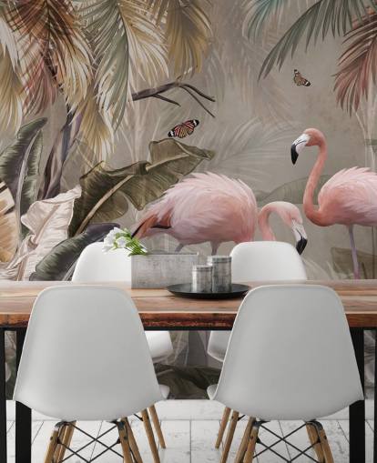 mural de papel pintado de flamencos llamado Flamingo Couple in the Jungle at Wallsauce para dormitorios y comedores mural de papel pintado de flamencos llamado Flamingo Couple in the Jungle at Wallsauce para dormitorios y comedores