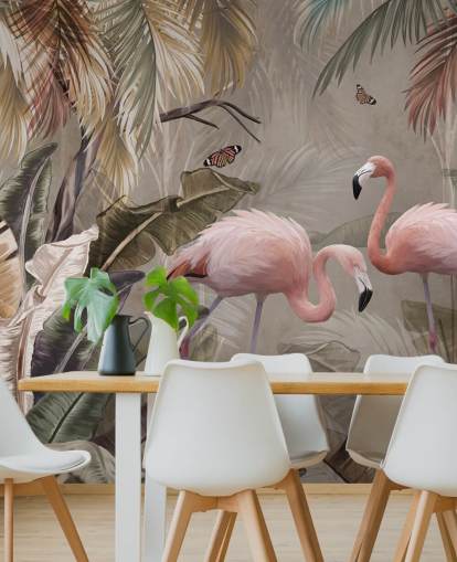 flamingo tapetmaleri kalt Flamingo Couple in the Jungle at Wallsauce for soverom og spiserom