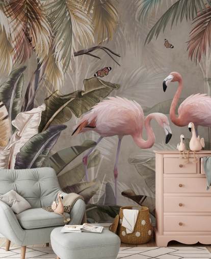 Flamingo-Tapete mit dem Titel Flamingo-Paar im Dschungel in Wallsauce für Schlafzimmer und Esszimmer Flamingo-Tapete mit dem Titel Flamingo-Paar im Dschungel in Wallsauce für Schlafzimmer und Esszimmer