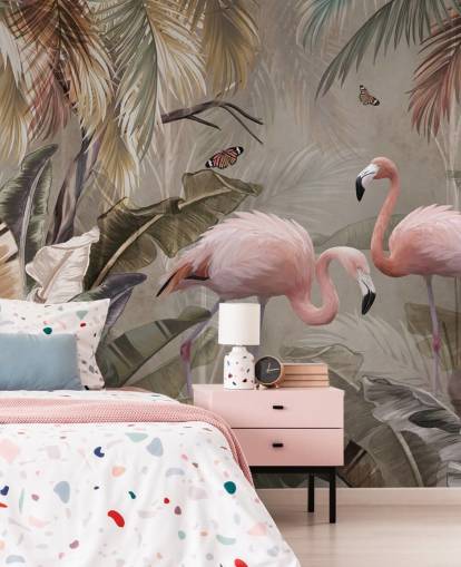 flamingo wallpaper mural called Flamingo Couple in the Jungle at Wallsauce for bedrooms and dining rooms