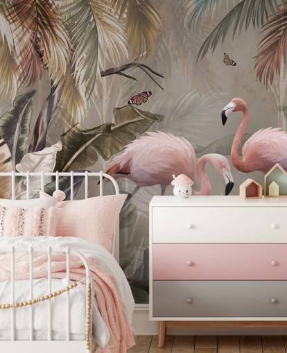 mural de papel pintado de flamencos llamado Flamingo Couple in the Jungle at Wallsauce para dormitorios y comedores