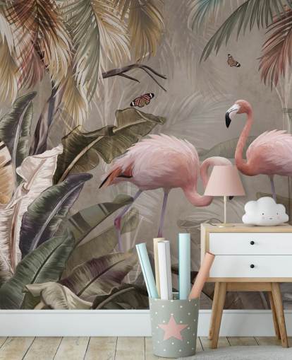flamingo wallpaper mural called Flamingo Couple in the Jungle at Wallsauce for bedrooms and dining rooms flamingo wallpaper mural called Flamingo Couple in the Jungle at Wallsauce for bedrooms and dining rooms