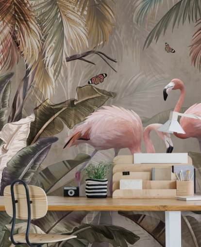mural de papel pintado de flamencos llamado Flamingo Couple in the Jungle at Wallsauce para dormitorios y comedores