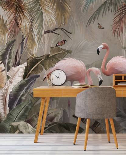 mural de papel pintado de flamencos llamado Flamingo Couple in the Jungle at Wallsauce para dormitorios y comedores